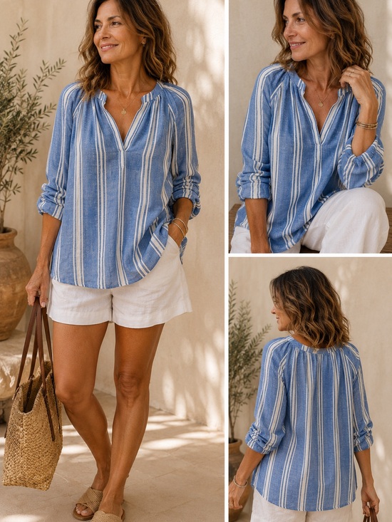 Soft Surroundings Tops - Soft Surroundings Linen Blend Popover Blouse Womens XL Medium Quarter Tab Sleeve